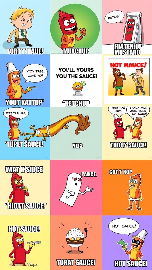 Hilarious Sauce Meme Compilation A collage of funny sauce memes featuring ketchup, mustard, and hot sauce illustrations.